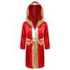 Kids Boys Boxing Robe Boxer Cosplay Costume Long Sleeve Metallic Trim Satin Hooded Cloak Kickboxing Gown for Halloween Party