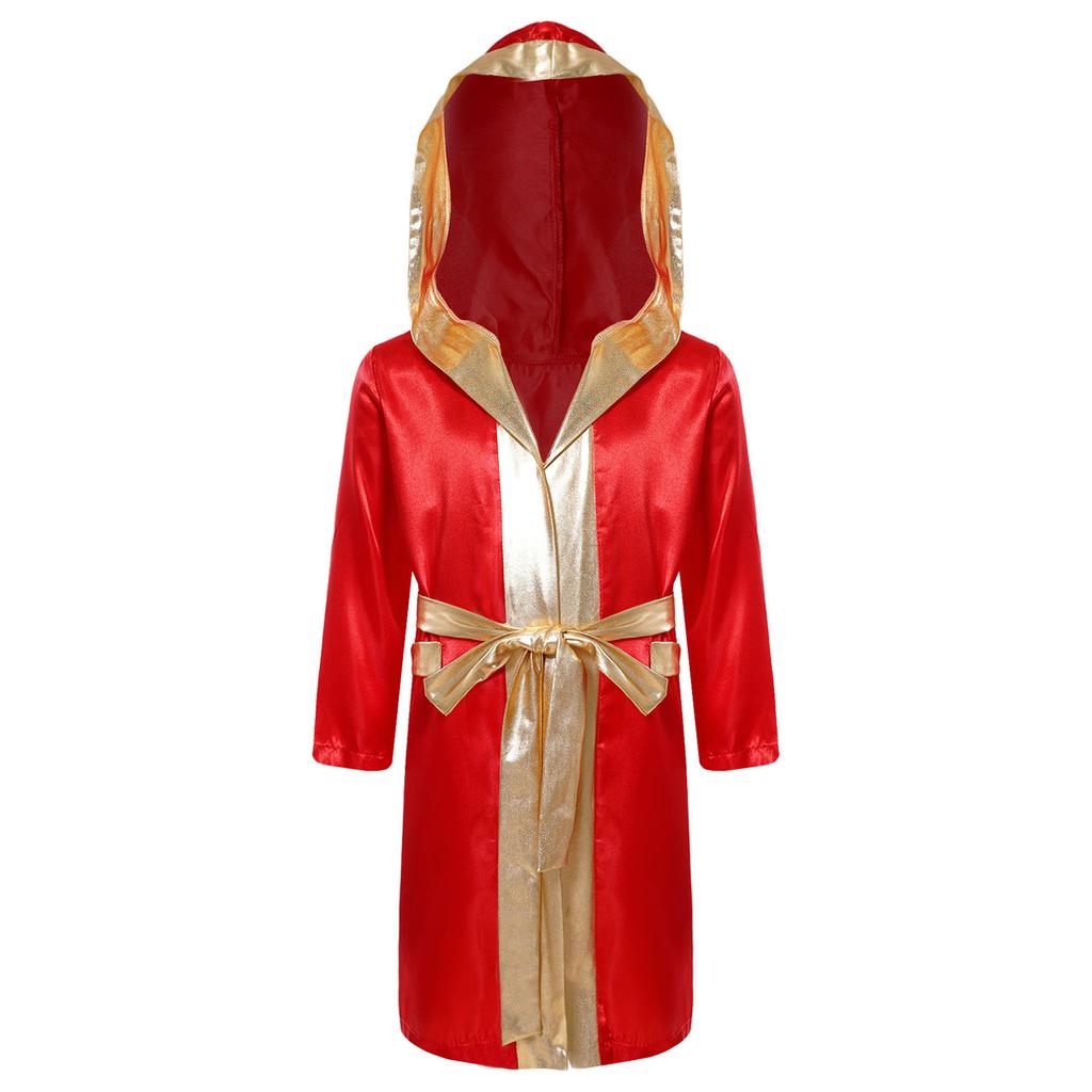 Kids Boys Boxing Robe Boxer Cosplay Costume Long Sleeve Metallic Trim Satin Hooded Cloak Kickboxing Gown for Halloween Party