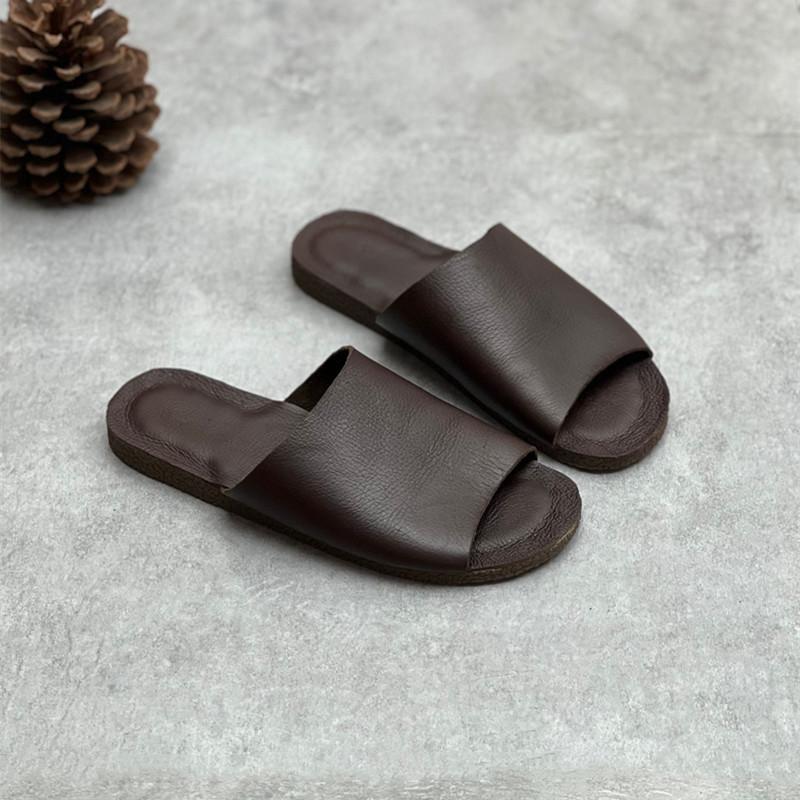 

Модные женские тапочки из коровьей кожи, плоские женские туфли, летние дышащие, с открытым носком, внутренняя и внешняя части из натуральной кожи 40 темно-коричневого