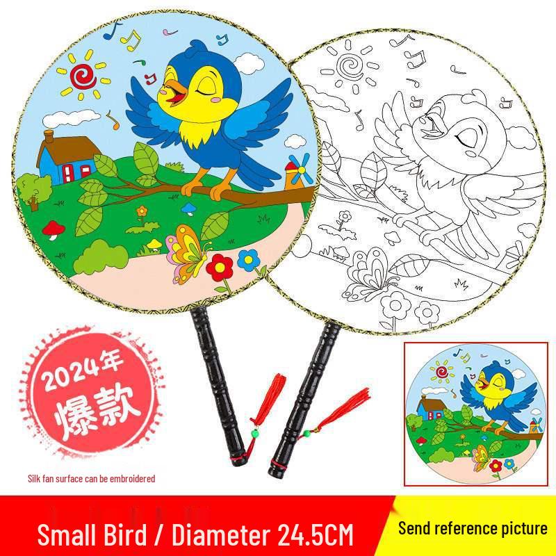 DIY Children's Silk Cloth Round Fan with Bamboo Handle - Palace Style Hand-Painted Kindergarten Craft