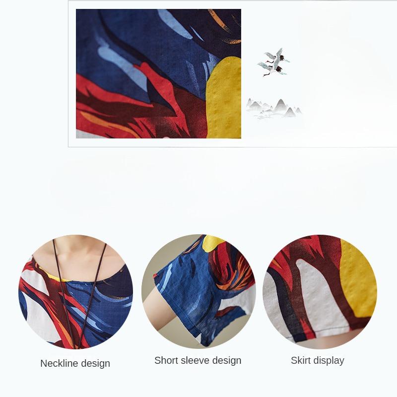 Simple Literary Rustic Style Small Fresh Summer New Loose Thin Abstract Print Short-sleeved Dress Female