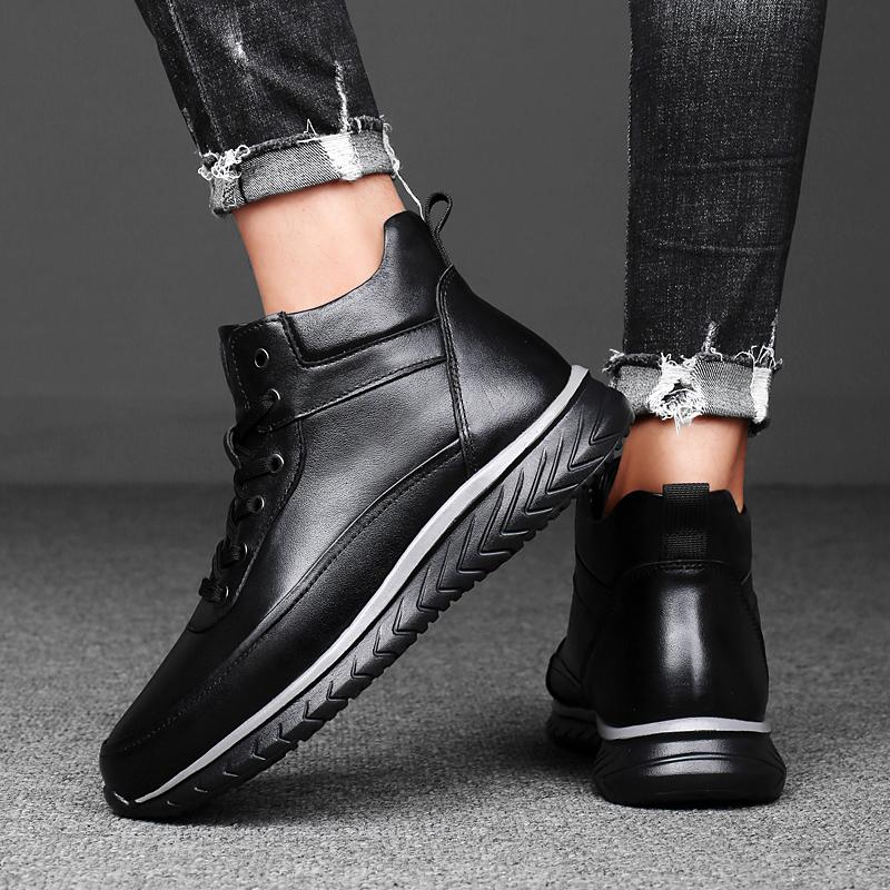 Fashion Mens Fashion Sneakers Genuine Leather Male Basic Boots Handmade Men's Low Top Casual Shoes Lace-Up Men Winter Plush Snow Boots