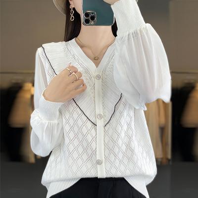 Women's Spring and Autumn New Fake Two-piece Chiffon Top Long-sleeved Knitted Sweater