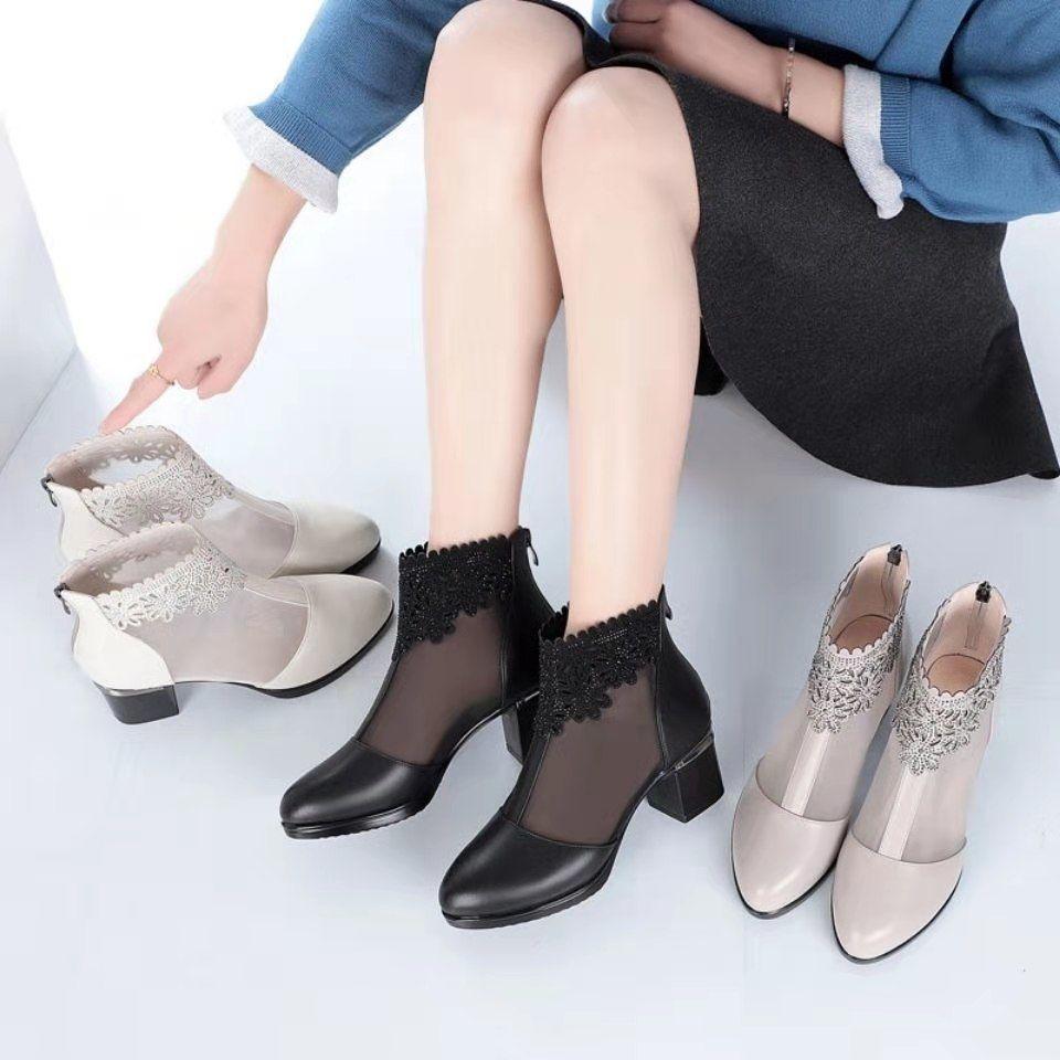 Sandaler för kvinnor Mode Strass Mesh Läderskor Högklackade Sandaler Sommar Andningsbara Svalkande Stövlar Damsandaler