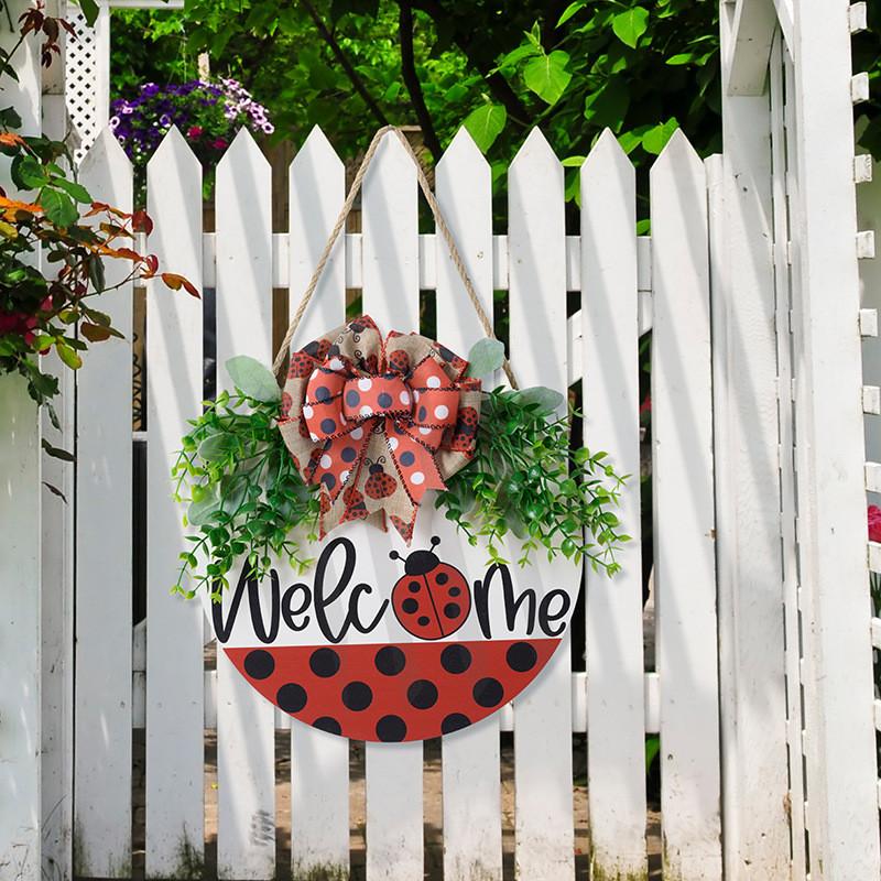 Adorable Welcome Spring Summer Ladybug Door Hanger Charming Red And Black Decor
