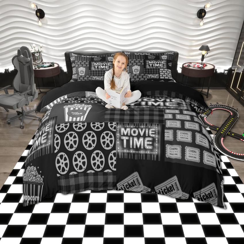 Conjunto de Capa de Edredom Homewish Vintage Cinema, Conjunto de Cama com Estampa Movie Tine, Conjunto Retro de Pipoca para Quarto de Filme, Decoração de Quarto