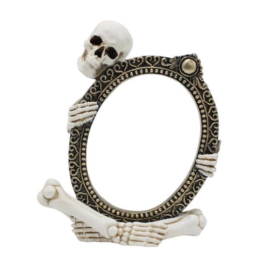 Vintage Skeleton Mirror Frame Statue Gothic Halloween Skull Hold Mirror Figurine Resin Skeleton Sculpture for Shelf Mantel Home Office Decor