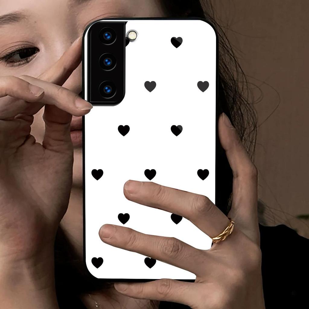 Black Heart Pattern Phone Case for Samsung Galaxy S22+ S22 S21 FE S21+ Acrylic Back TPU Bumper Shockproof Protective Cover, Minimalist Korean Style