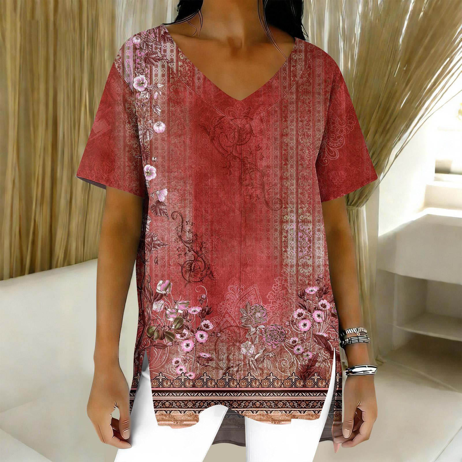 

Women s Fashion Casual Short Sleeve Floral Print Top L червоний