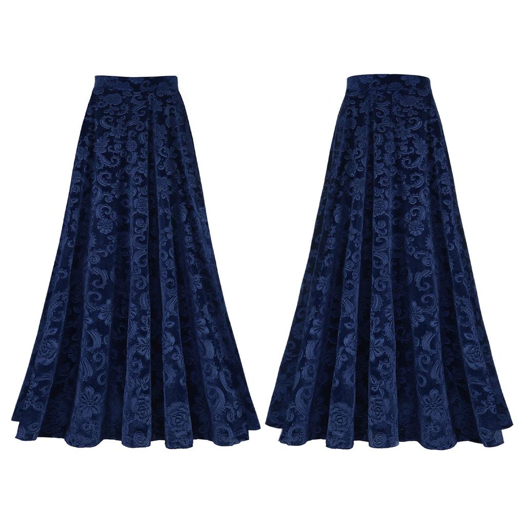 Women Retro Floral Print Skirt Elastic Waistband Solid Color Vintage Style for Wedding Party Banquet