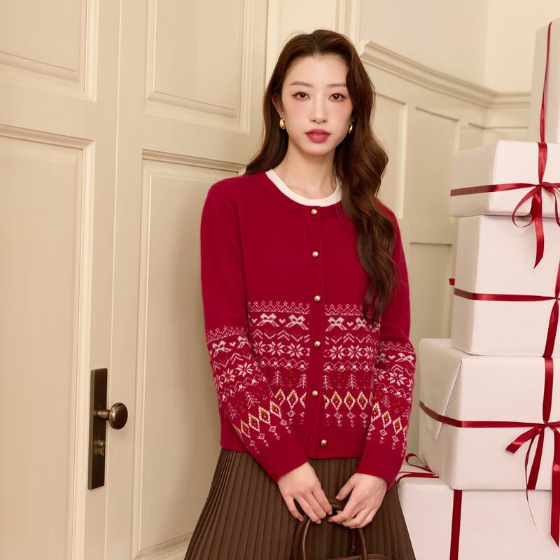 Women's Plus Size Red Fair Isle Jacquard Knit Cardigan