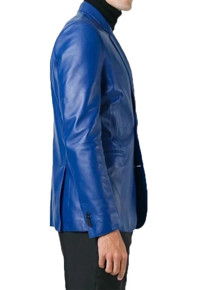 Formal Stylish Fashion Fit Men Blazer Blue Handmade Genuine Leather Lambskin