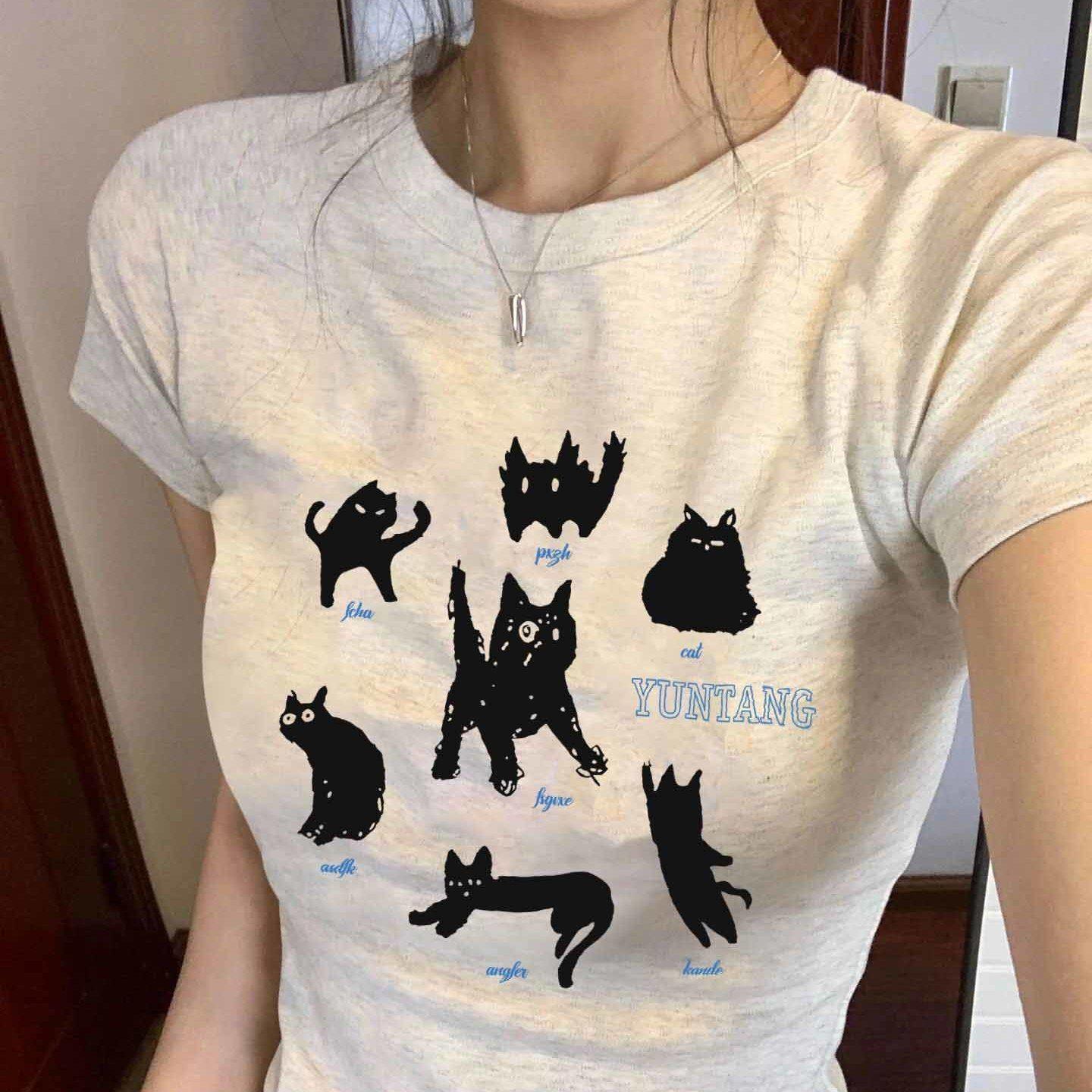 

Ретро-круглые воротники Футболки для женщин Топы с коротким рукавом Спортивные топы для девочек Y2K Повседневная уличная одежда Топы для вечеринок XL