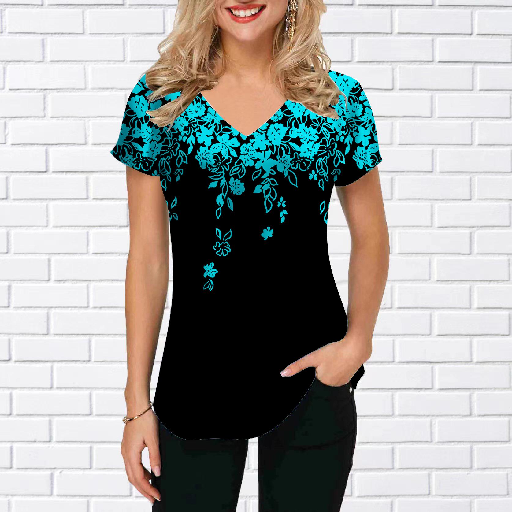 

Женские топы с v-образным вырезом и короткими рукавами подсолнечника, белые цветочные занавески с принтом, свободная футболка, повседневная блузка 2XL светло-синий