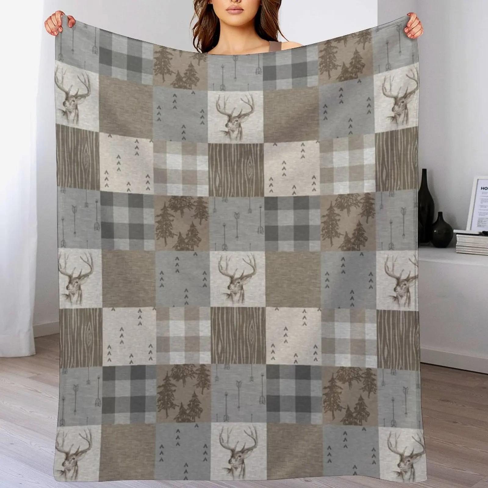 Deer Patchwork Rustic Neutrals Throw Blanket Decorative Soft Throw Blanket for Couch Sofa 102x76cm(40x30in)