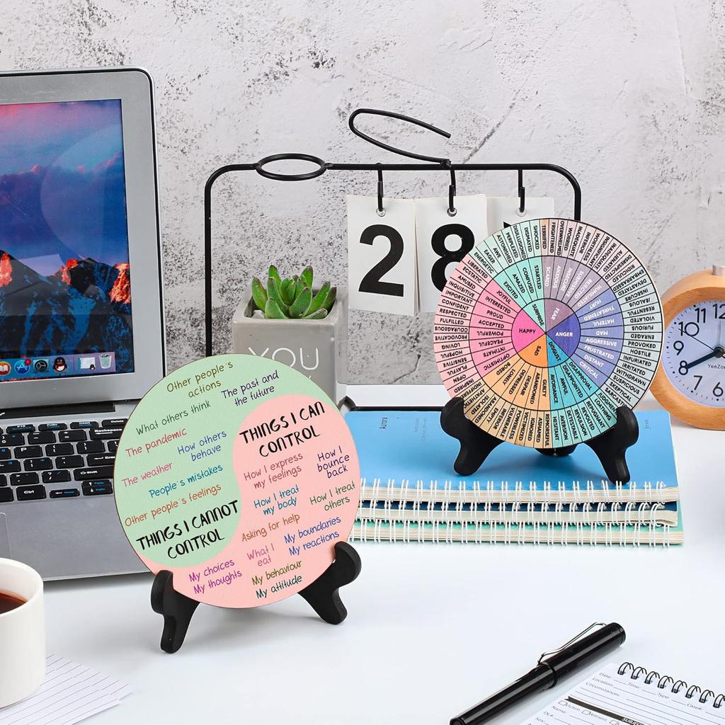 2 Pcs Feelings Wheel Therapy Office Desk Decor Things I Can Control Double Sided Mental Health Emotions Chart with Stand Therapist Gifts Psychology