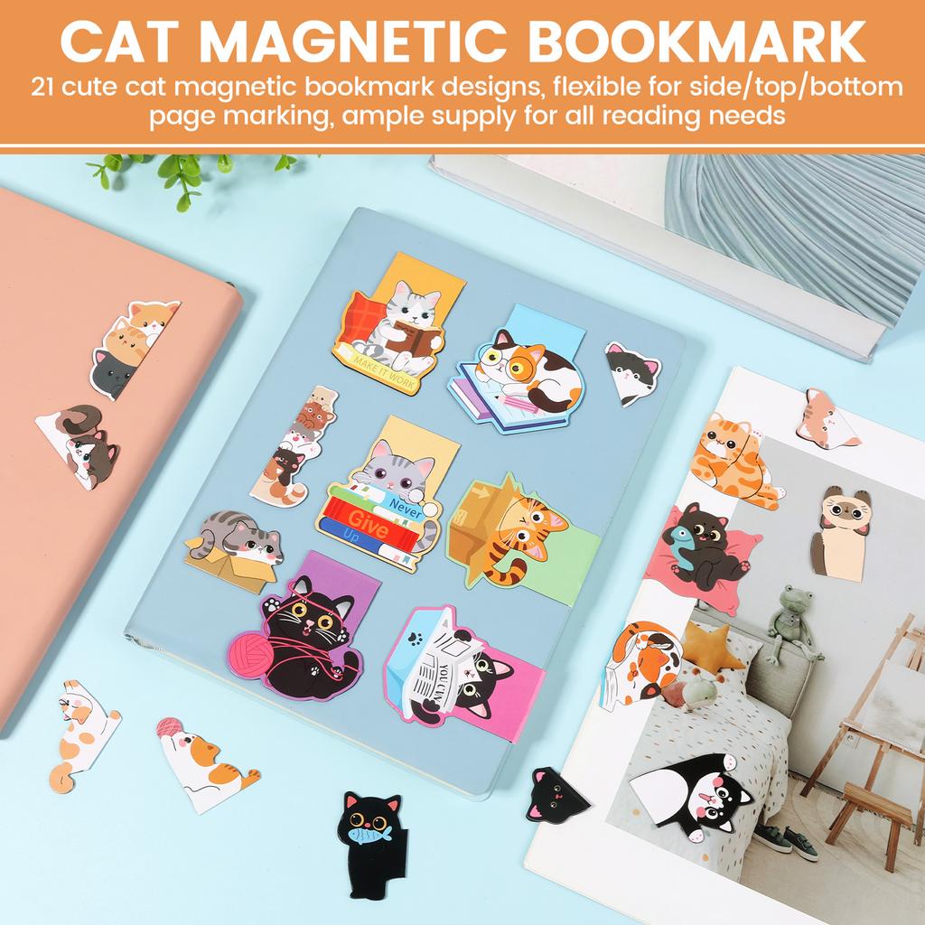 21 Pcs Cute Cat Magnetic Bookmark Cartoon Magnetic Bookmarks Set Funny Book Marker Clip Assorted Page Marker for Student Teacher