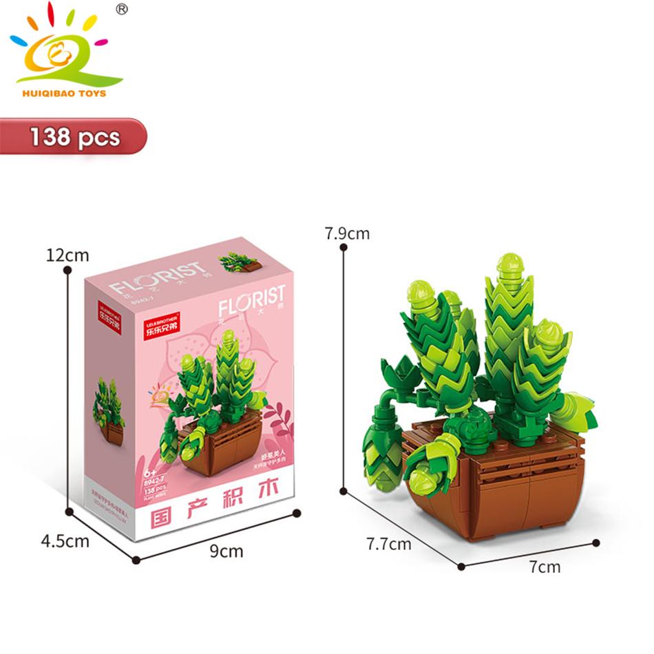 HUIQIBAO MOC Flower Succulent Potted Model Building Block DIY Eternal Bouquet Home Desk Plant Decor Brick Girl Gift Children Toy