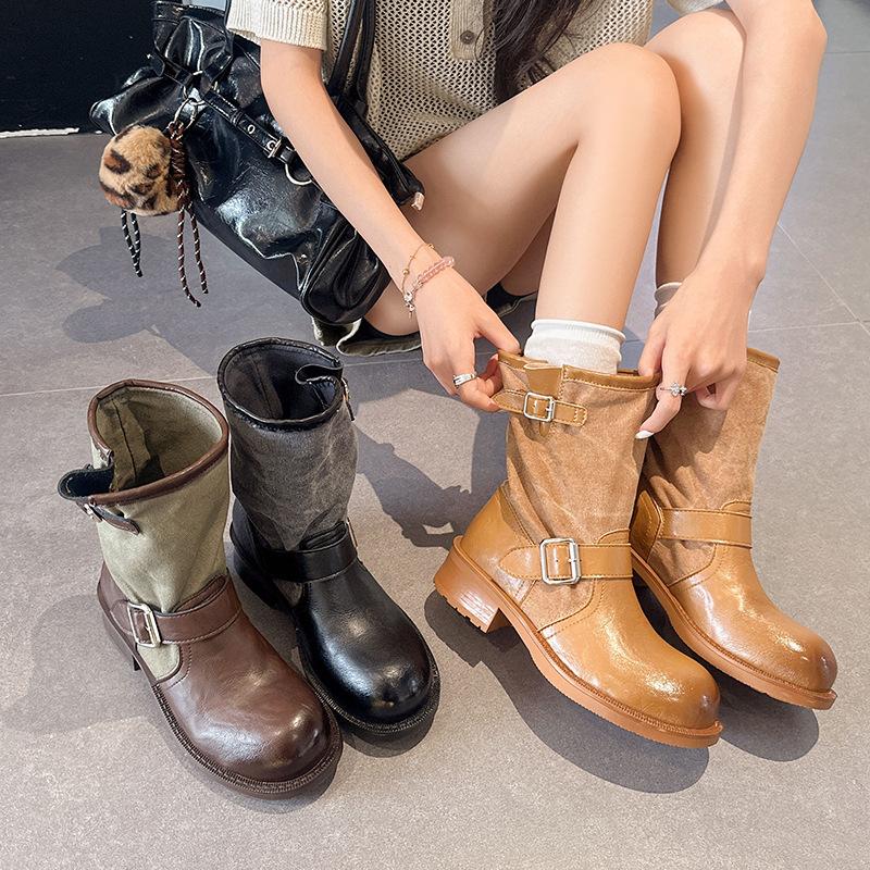 Retro imitation leather splicing canvas medium tube cycling boots women's metal buckle thick heel stacking boots fashion versatile fashion boots