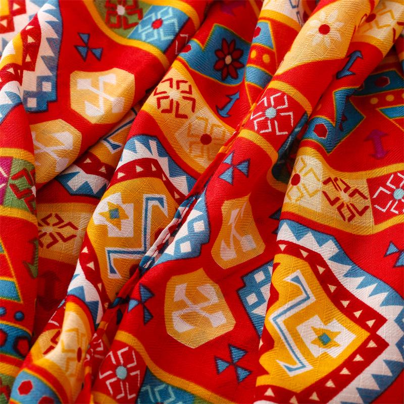Yitao Bohemian Red Vintage Ethnic Travel Shawl - Silk-Like Cotton Linen Sunscreen Scarf for Women