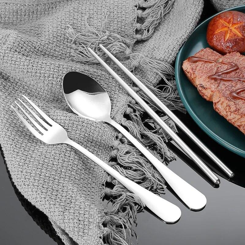 1 set de uz casnic din oțel inoxidabil portabil, bețișoare, linguri, furculițe, set de două/trei piese cu cutie