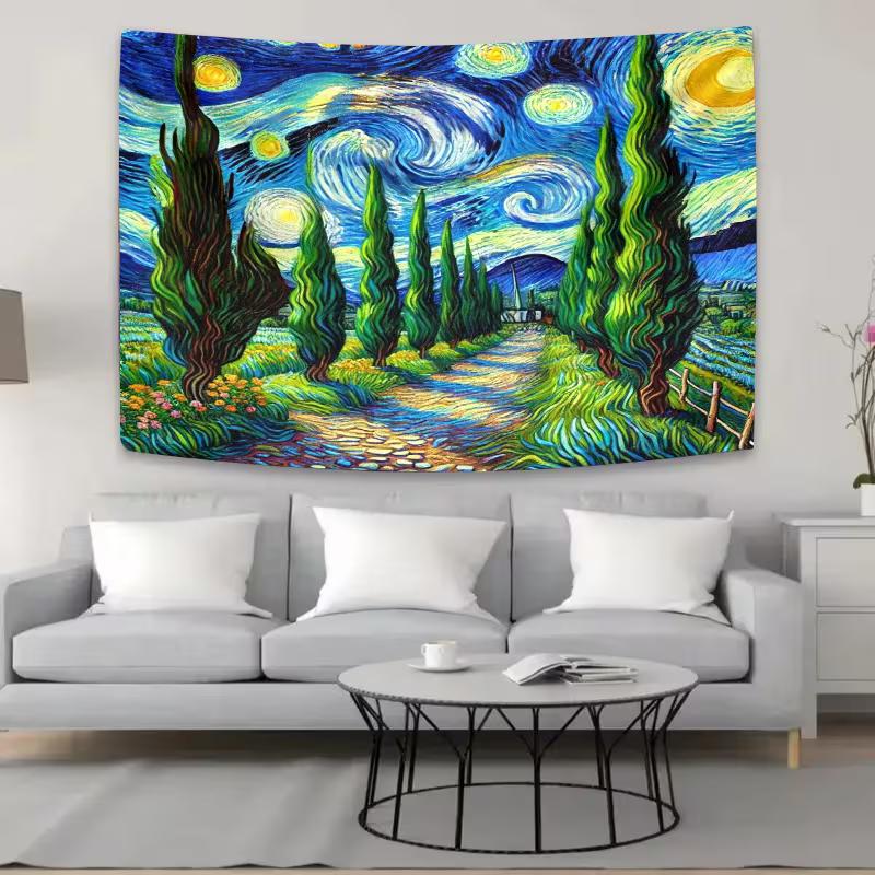 2D Impressionist Landscape Backdrop - Van Gogh Inspired Starry Night Tapestry for Photoshoot 47.2x31.5inch/120*80cm