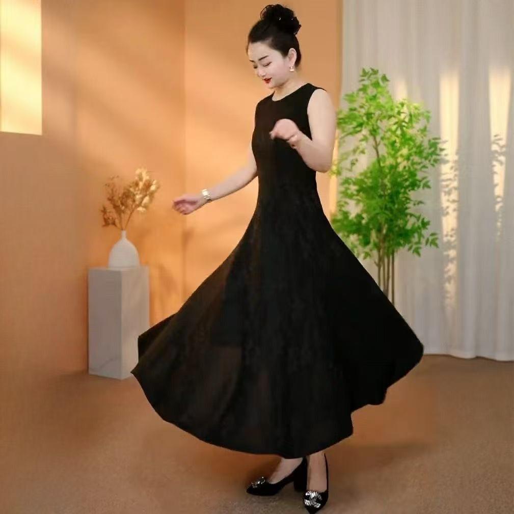 

2026 Summer Plus Size Long Sleeve Knee-Length Dress for Middle-Aged and Elderly Women 3XL (recommended 60-67.5kg) чорний