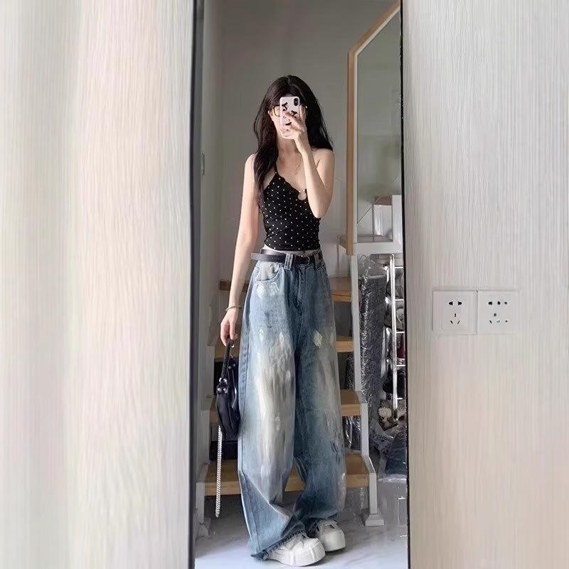 

Unisex Retro Distressed Splatter-Ink Fleece Jeans - Trendy Loose Straight-Leg Wide-Leg American Street Style S