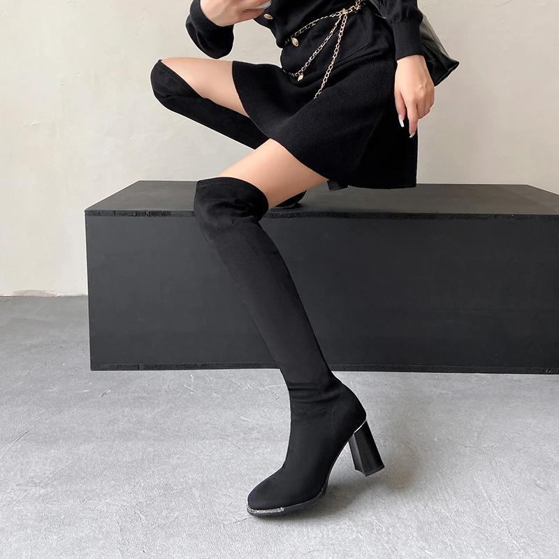 Fashion Square Toe Women Slim Long Boots Fashion Over The Knee High Booties Concise Square High Heels Shoes
