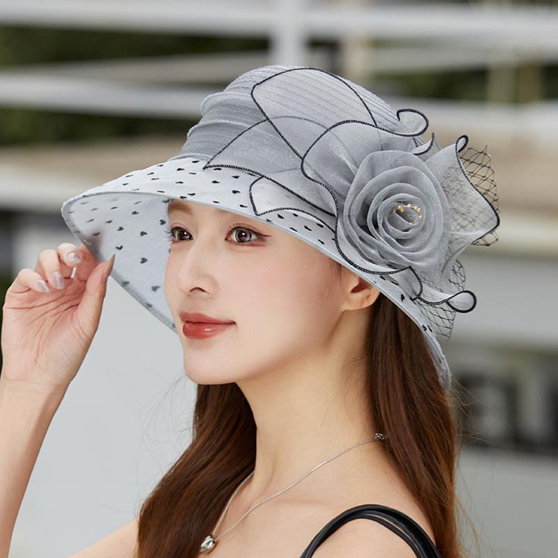New Fashion Elegant Flowers Organza Dot Church Hat For Women Foldable Wedding Party Hat Summer Beach Protection Sun Cap