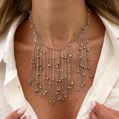 Waterfall Metal Bead Chain Fringed Necklace, Hip-Hop Fashion Rhinestone Hanging Ball Collarbone Necklace