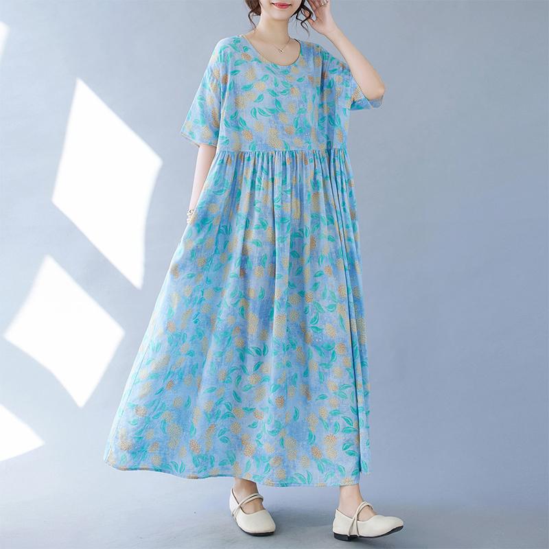 

DIMANAF платье больших размеров женское 2024 новое летнее стильное зеленое платье свободные платья с круглым вырезом и цветочным принтом новинка 1088 One Size небесно-голубой