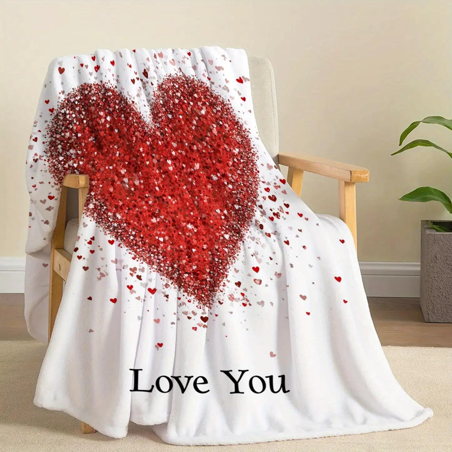 Textilien Unisex Red Heart Love You Throw Blanket, Soft Cozy Flannel Blanket, Romantic Valentine's Day Home Decor Gift For Couch Bed