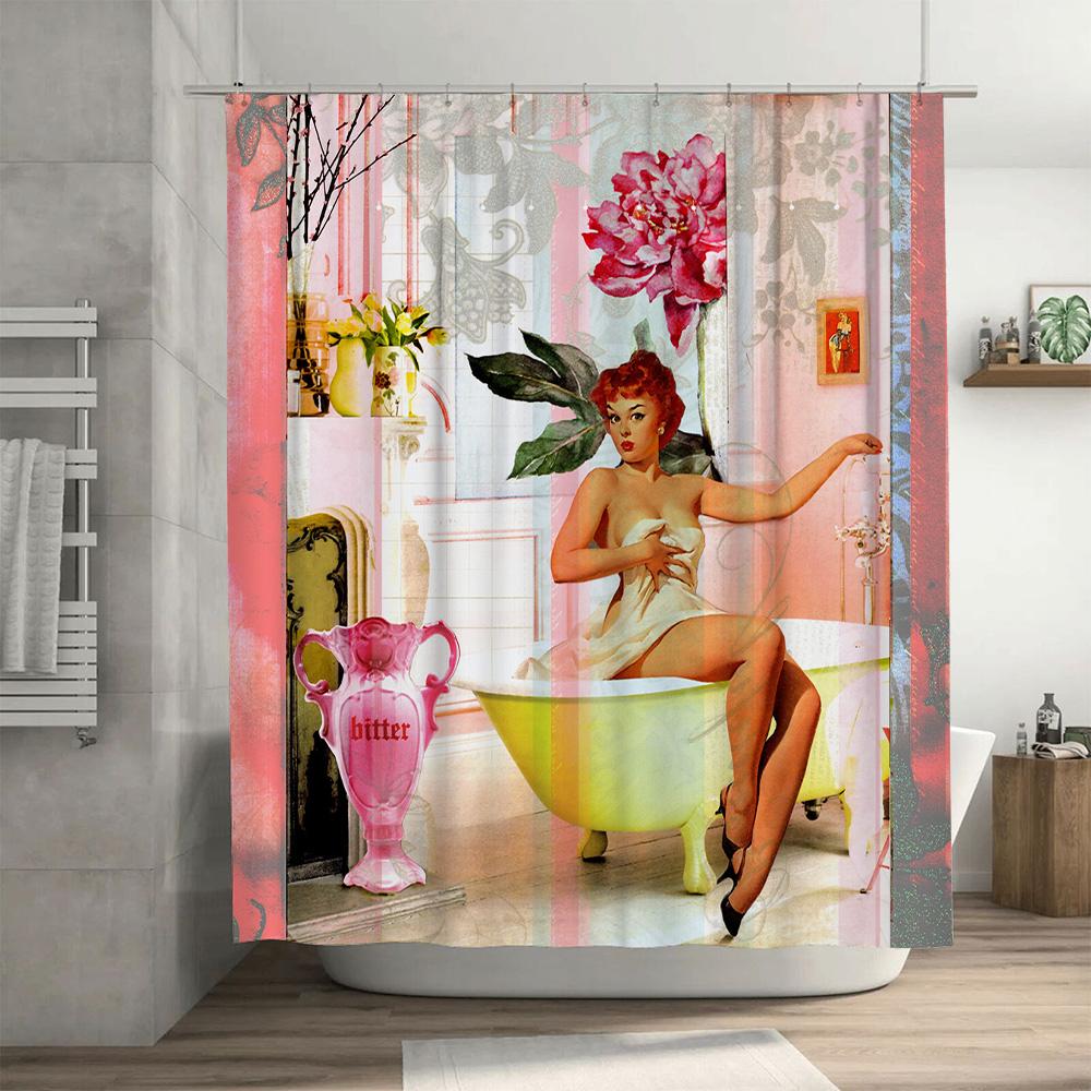 Vintage Bathing Suit Lady Shower Curtain Decorative Art Home Bathroom Decoration Pink Peony Floral Print, Classic Retro Style, B
