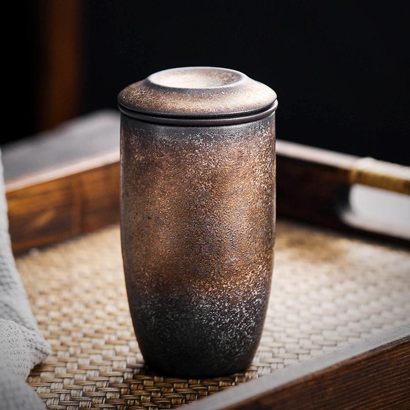 Large Retro Ceramic Tea Cup with Lid and Infuser Kung Fu Tea Set Coarse Pottery Office Coffee Cup Gift Saudi Arabia Dedicated