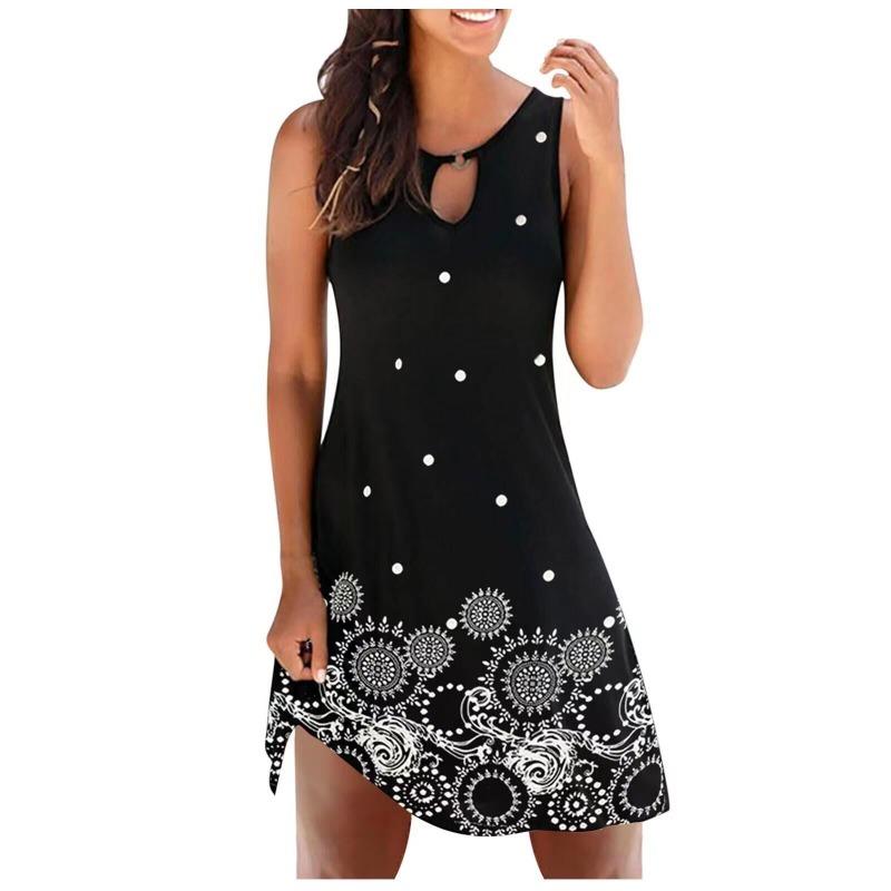 Spring Casual Style Japan and South Korea Casual Women's Printed Round Neck Big Swing Dress