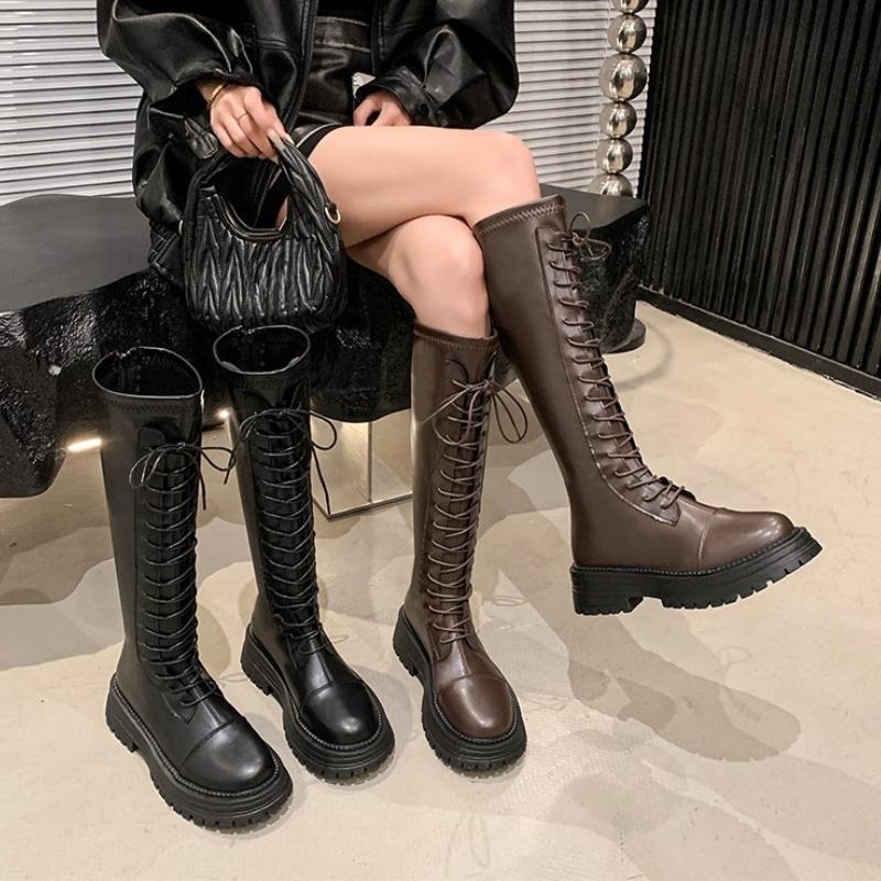 Fashion Women High Boots Flats Platform Leather Shoes Knee High Knight's Boots Fashion New Elegant 2025 Winter Lace Up Shoes Mujer Botas
