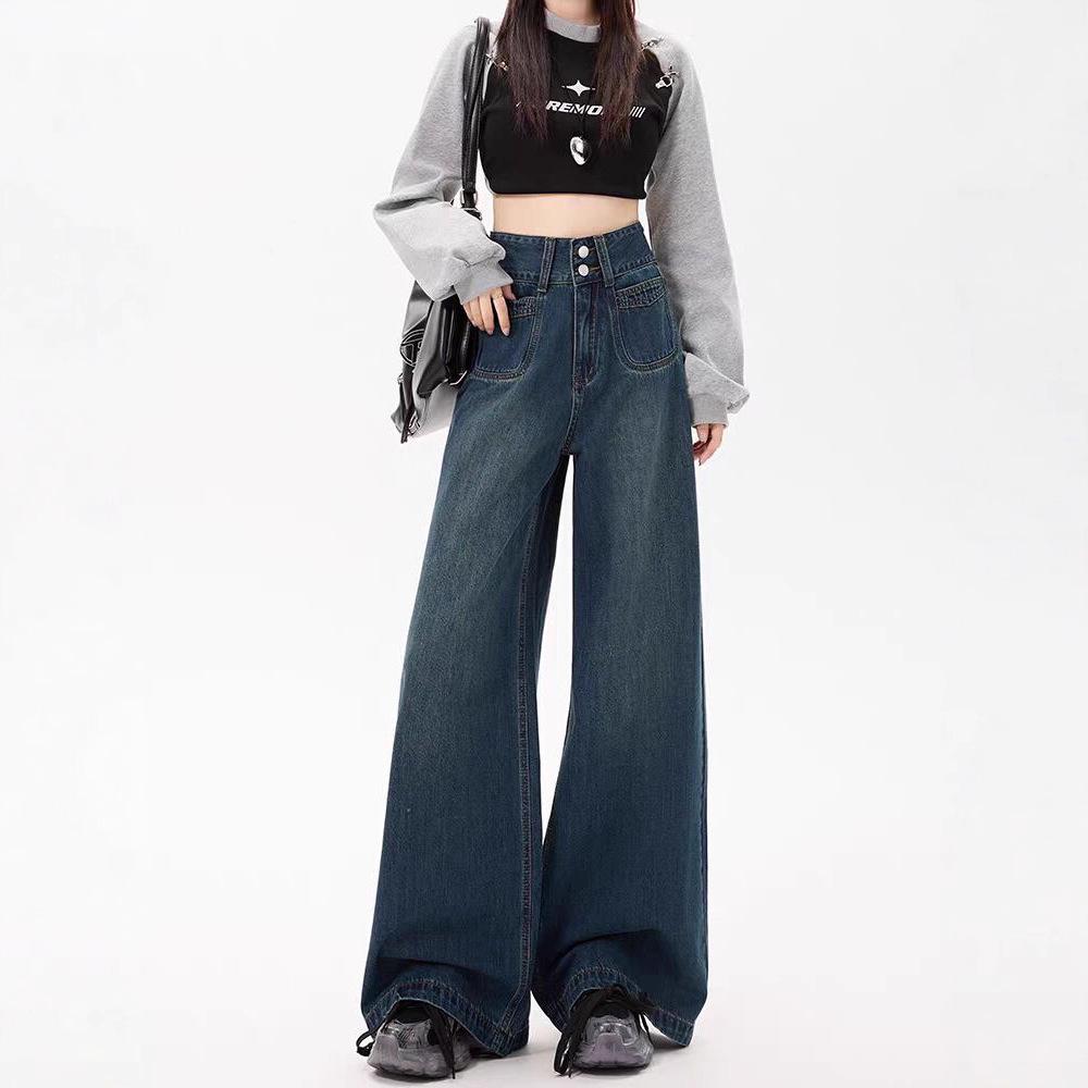 

Women s Retro Blue High-Waisted Wide-Leg Jeans, Plus Velvet, Slimming, Floor-Length Pants - 2025 Autumn/Winter Collection. XL