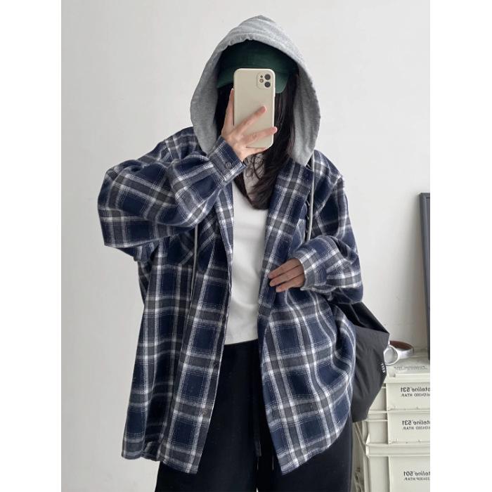 Женская корейская ретро клетчатая куртка-рубашка с капюшоном - Свободный крой, Большой размер, Весенне-осенняя одежда 2XL