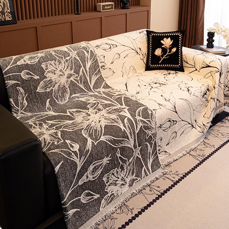 Half Fleece Flower Sofa Cover With Tassels Non Shedding Autumn Winter Sofa Blanket Towel Anti-Dirt Couch Cushion For Living Room