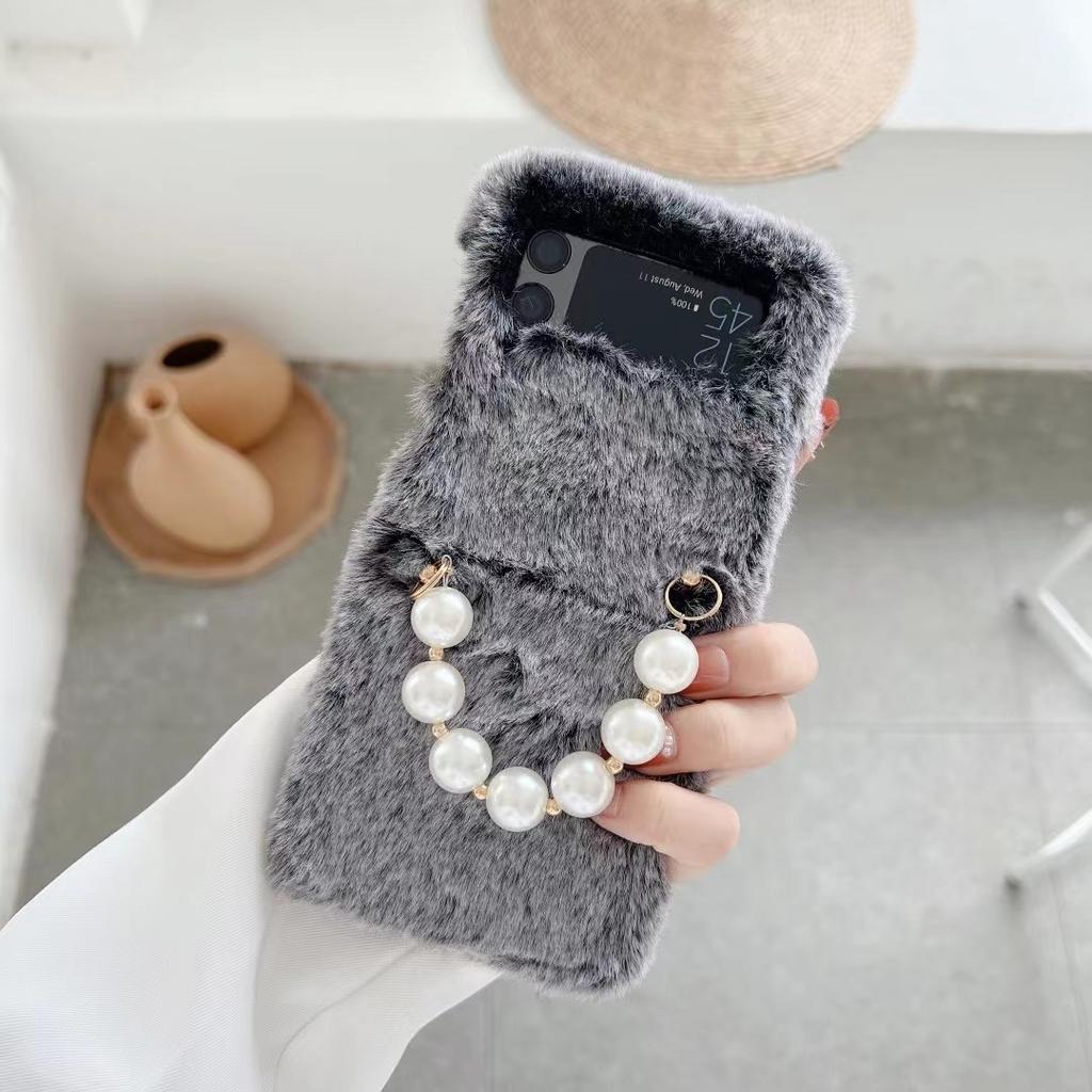 Applicable To Samsung Z Flip4 Plush Mobile Phone Case Zflip3 Bow Pearl Solid Color Protective Case Autumn and Winter Hair Case