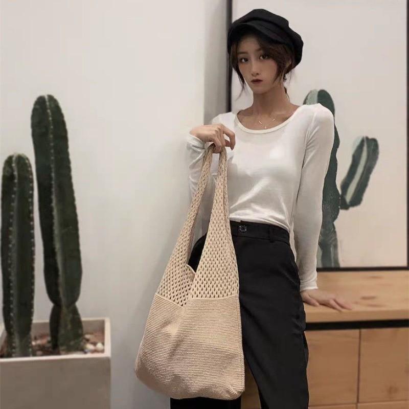 Large Capacity Knitted Tote Bag Korean INS Fashion Solid Color Hollow Out Shoulder Handbag for Women
