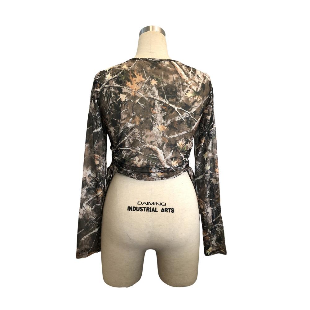 Frühlings Damen Mesh Baumzweig Print Seitlicher Kordelzug Slim Kurzarm T-Shirt