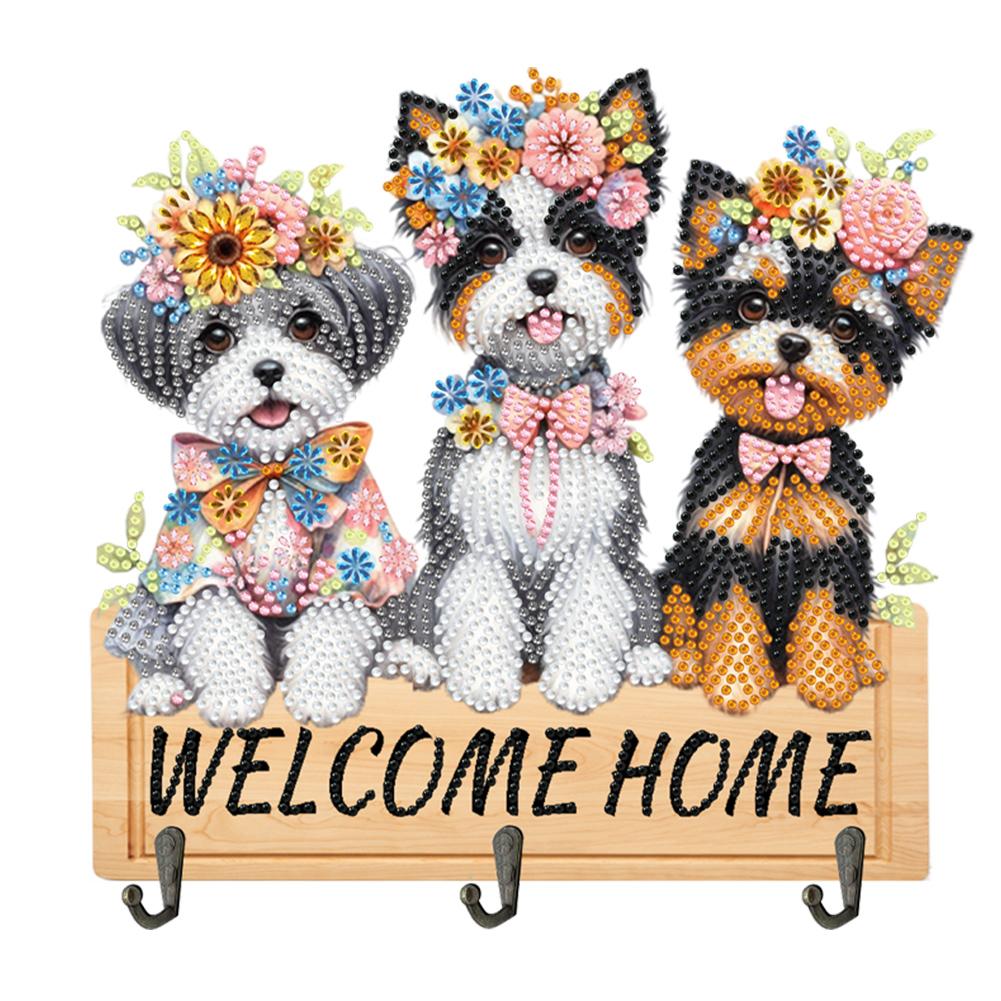 Wooden Diamond Art Hanging Hooks with 3 Hooks Rhinestone Painting Coat Hook Welcome Home Dog DIY Diamond Painting Art Hooks