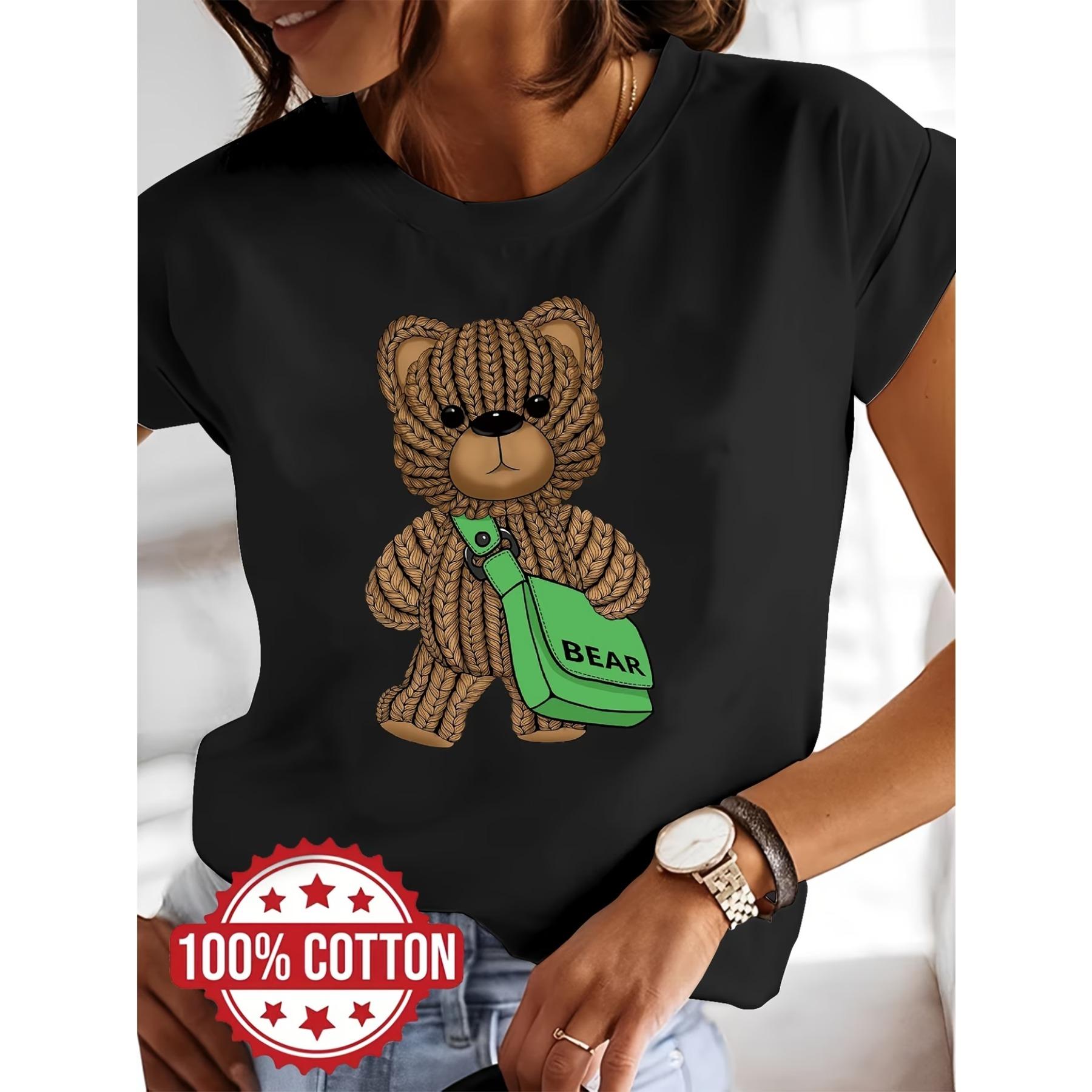 Bear Print Pattern, Elegant Round-neck Women s Short-sleeve T-shirt, Summer Vacations and Daily Wear S чёрный