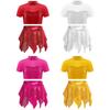 Girls Jazz Dance Outfit Mock Neckline Short Sleeve Mesh Patchwork Cutout Back Shiny Sequins Crop Top Irregular Hem Skirt