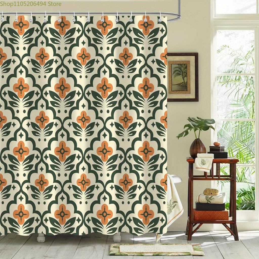 1pz Tenda da Doccia Floreale Boho Vintage - Design Astratto Moderno di Metà Secolo, Tessuto in Poliestere Resistente con Occhielli Superiori e Ganci