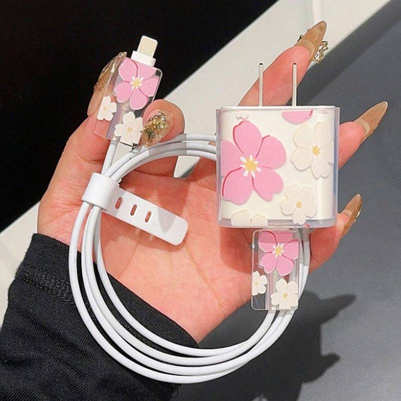 Transparent Flowers For 18/20W Charger Protective Case Is Applicable To 16/15/14/13 Data Cable Head Bite Protector Shell