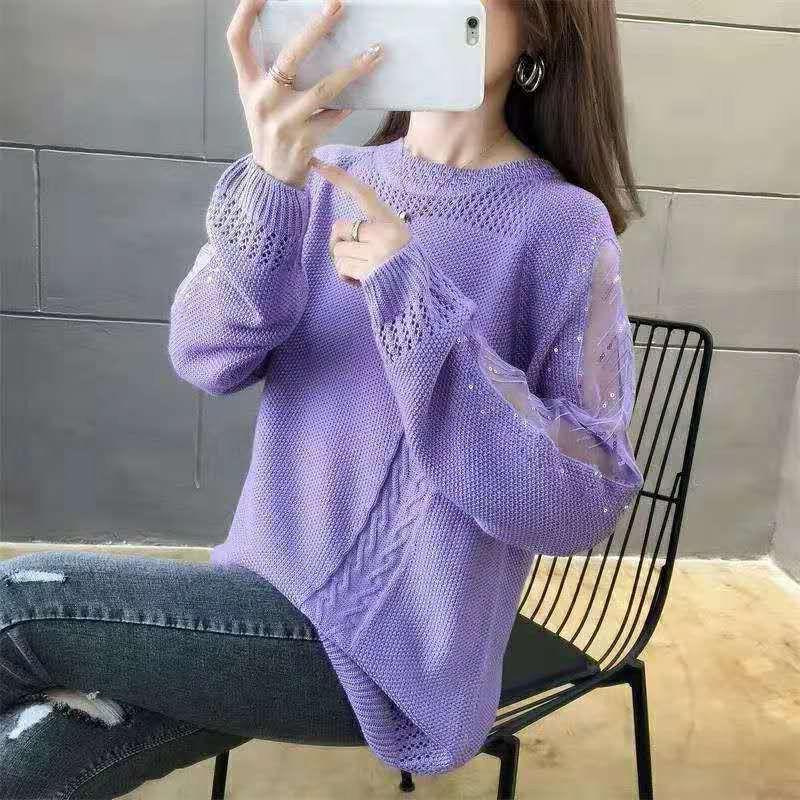 Hollow Lace Knitted Sweater for Women In Spring and Autumn Loose Long Sleeved Base Shirt for Women