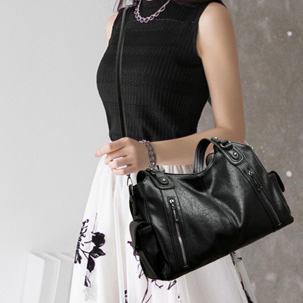 Women PU Leather Tote Shoulder Bag Large Capacity Multi Zipper Pockets Handbag Detachable Crossbody Strap Soft Vintage Casual Daily Shopping